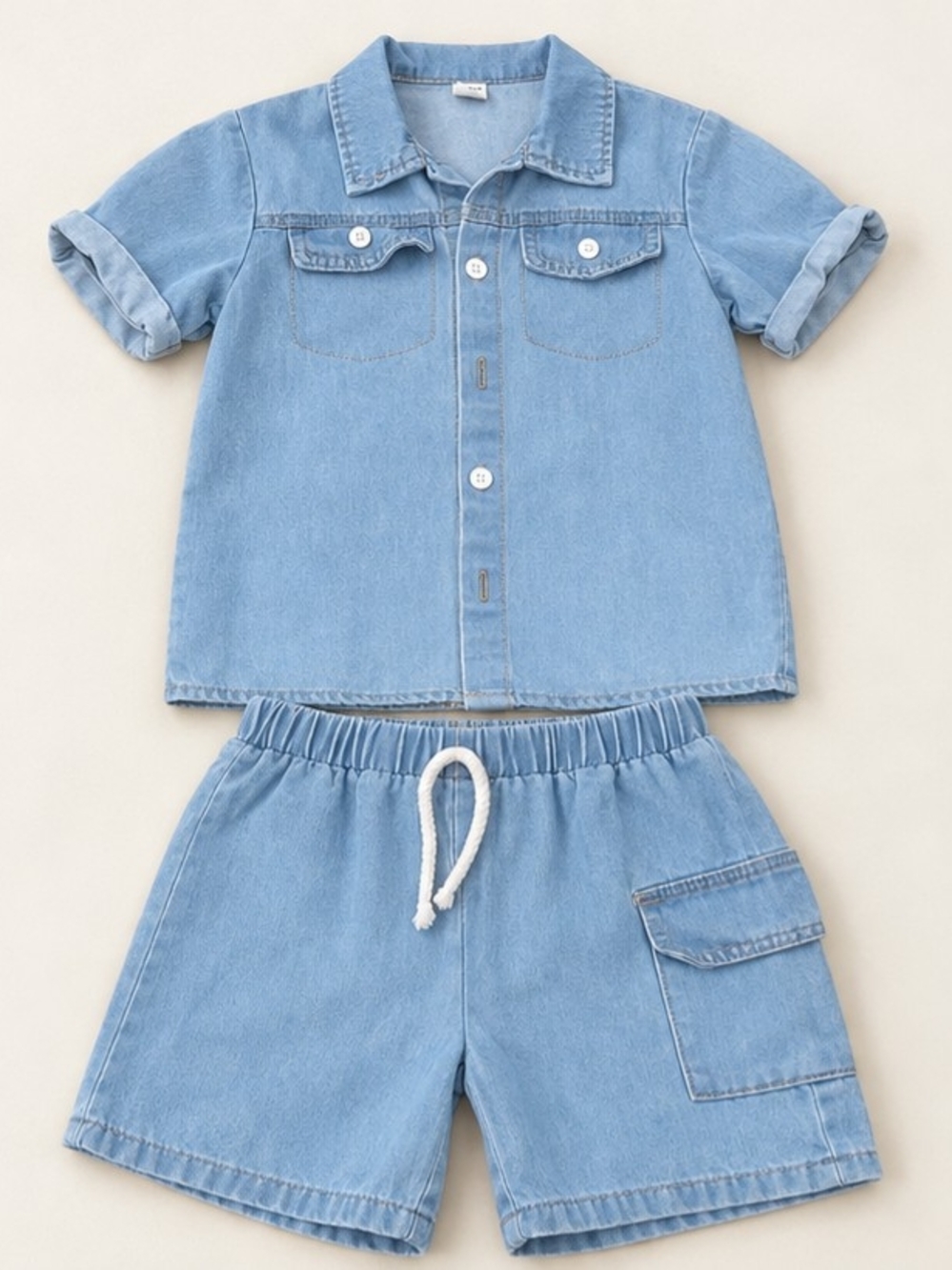 SHEIN Boys Light-Wash Denim Shirt & Cargo Shorts Set Size 7Y